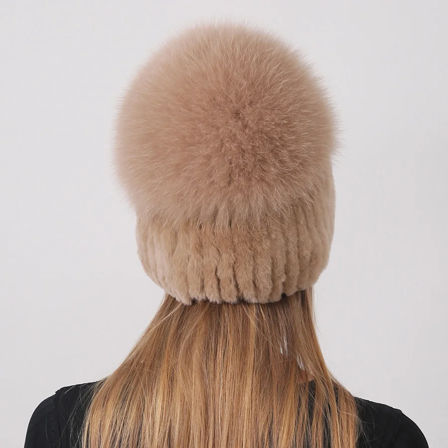 Winter natürliche Kaninchen Pelzmütze russische Frauen Echtpelz Fuchs Pompon gestrickt warme Hüte – Detail 6
