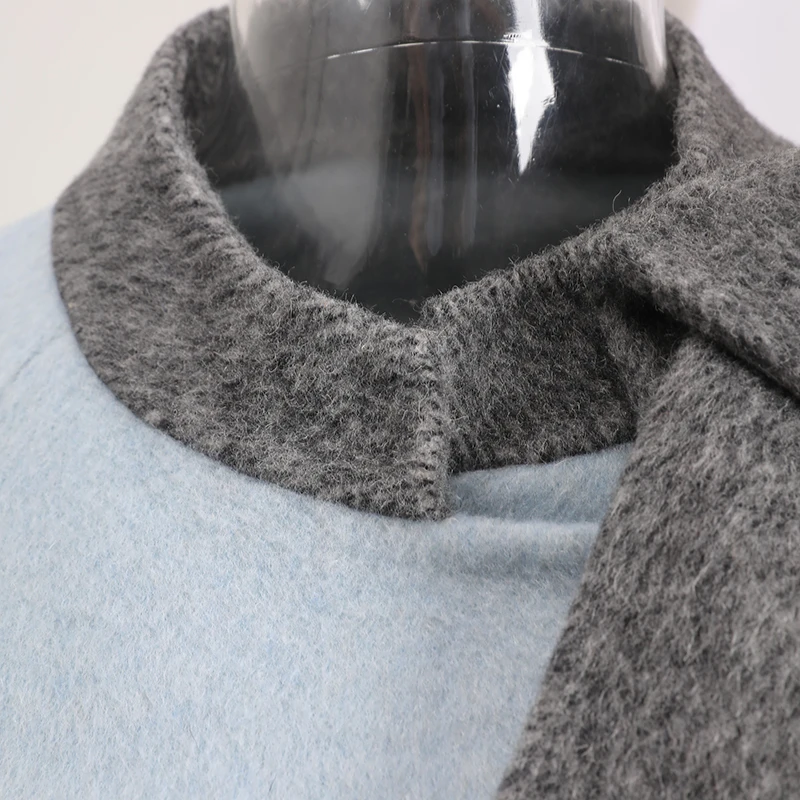 LANMREM Grey And Blue Colorblock Tie Collar Design Women's Double-faced Woolen Coat single Breasted Autumn Witner Clothing G4190 - Image 5