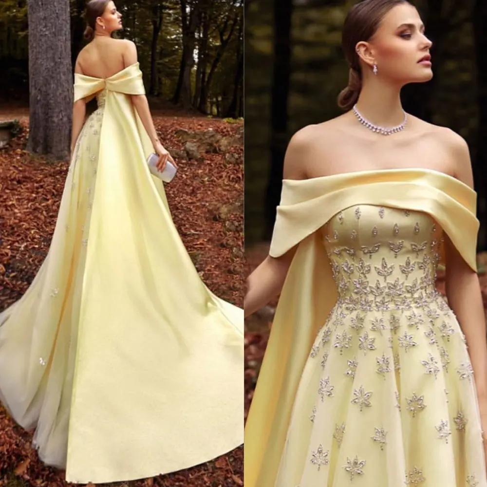 

Prom Gown Satin A-Line Off Shoulder With Crystal Draped Zipper Dubai Women's Backless Court Train Formal Occasion Evening Dress