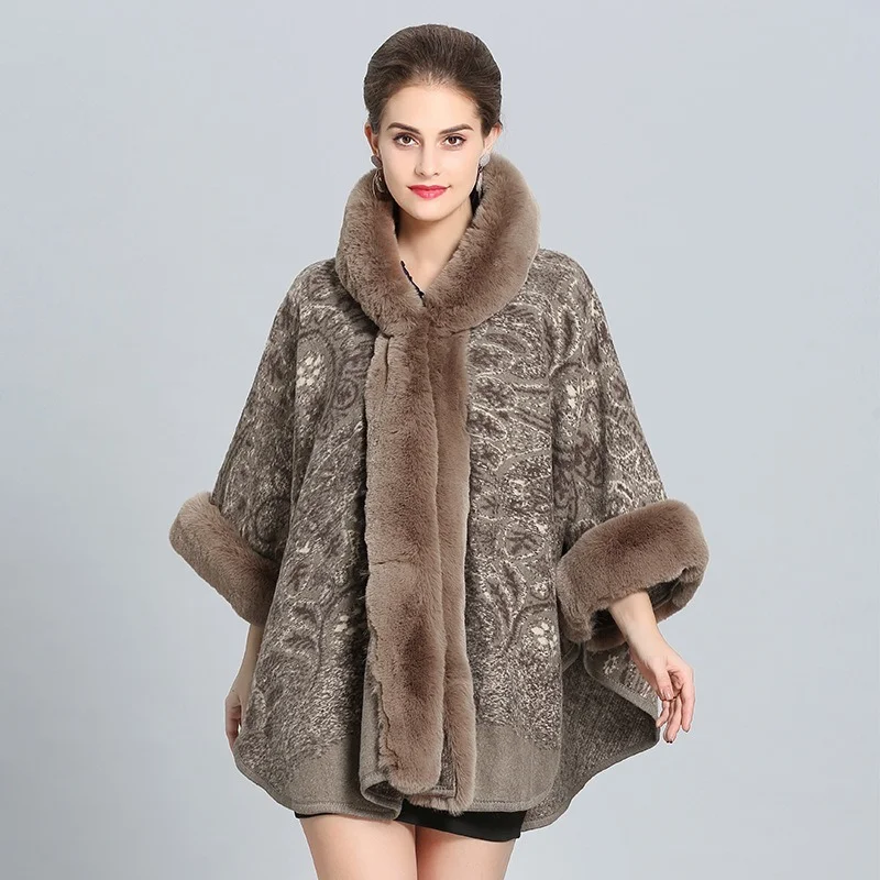

Luxury Style Hooded Cape with Imitation Fox Collar Women Autumn Winter Warm Thick Coats Fashion Elegant England Style Outwears