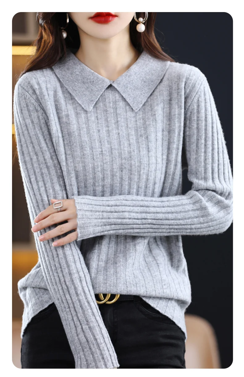Autumn Winter New Woman 100% Wool Sweater Soft Polo Collar Vertical Stripe Pullover Casual Knitted Tops Cashmere Female Sweater