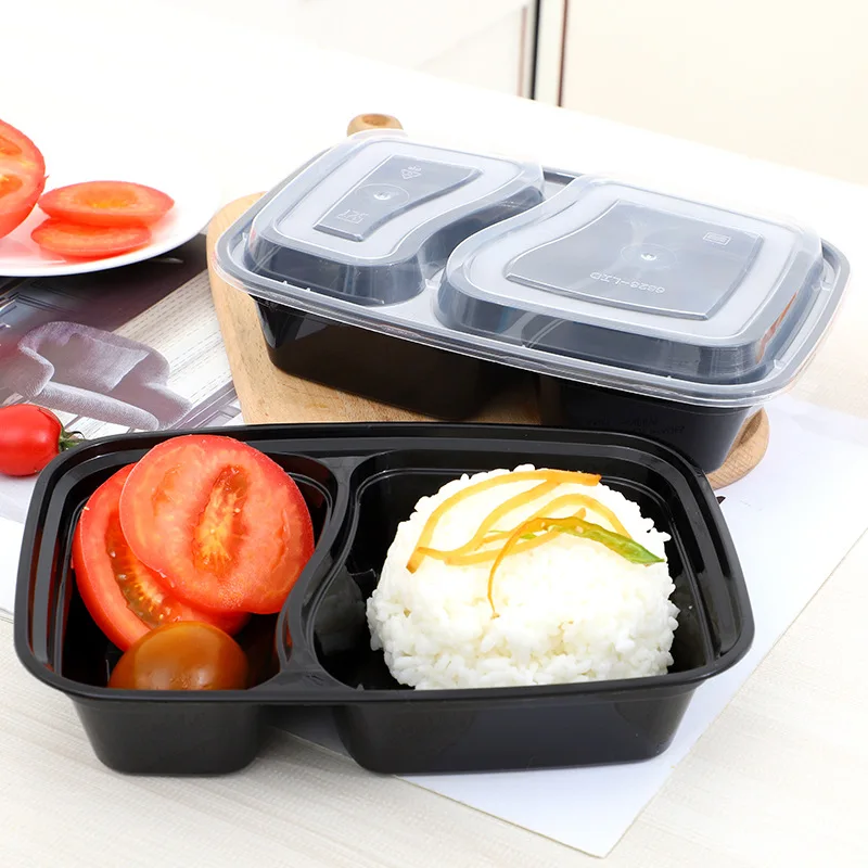 10PCS Black Disposable Lunch Box Two Compartment Plastic Lunch Box Salad Sandwich Fruit Vegetable Kitchen Food Container