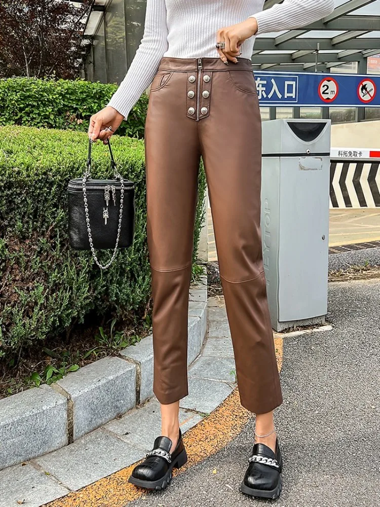 Brown Leather Pants Womens Pure Lambskin High Waist Custom made