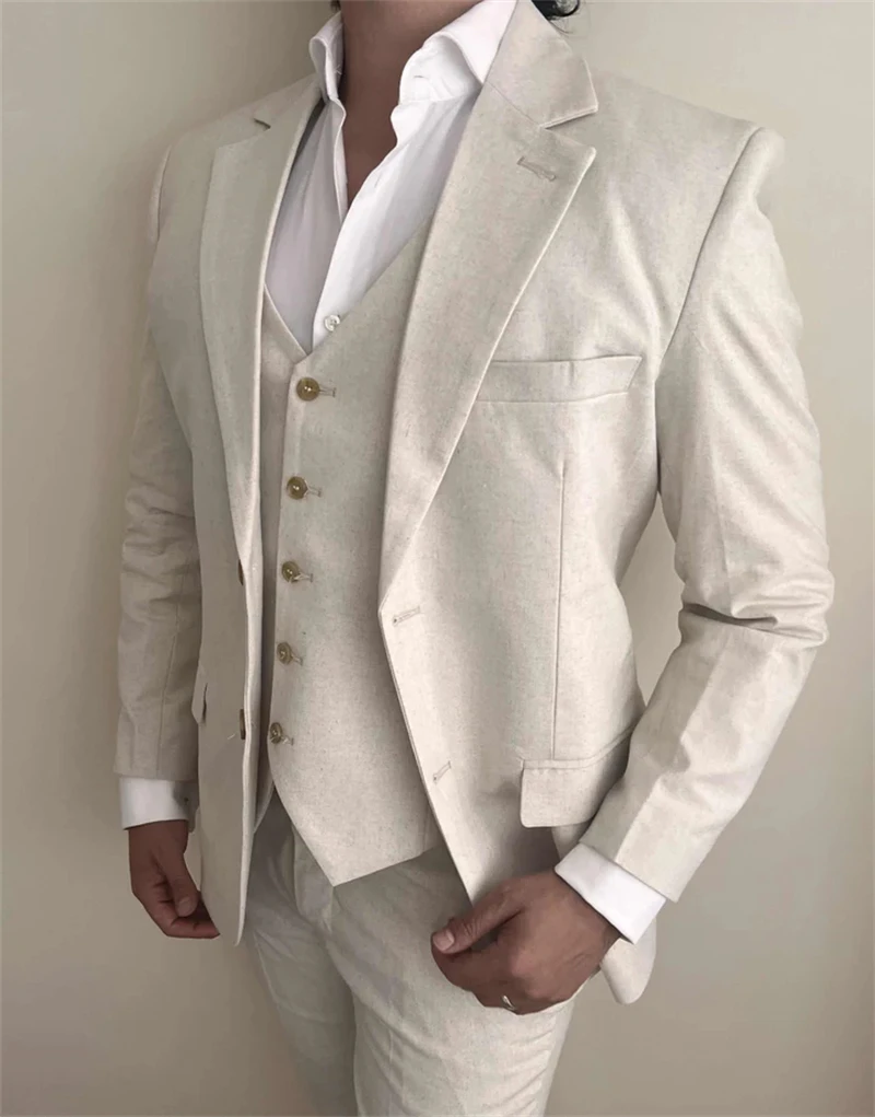3 Pieces Linen Men Suits for Beach Party Slim Fit Beige Wedding Tuxedo for Groom Prom Blazer with Vest Pants