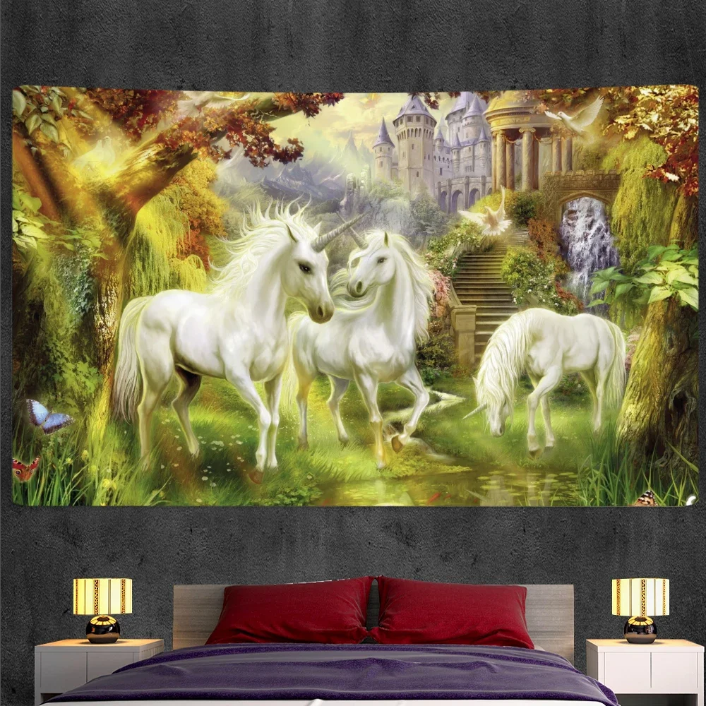 

Mysterious Unicorn home decoration tapestry wall hanging background cloth psychedelic tapestry Bohemian decorative mattress