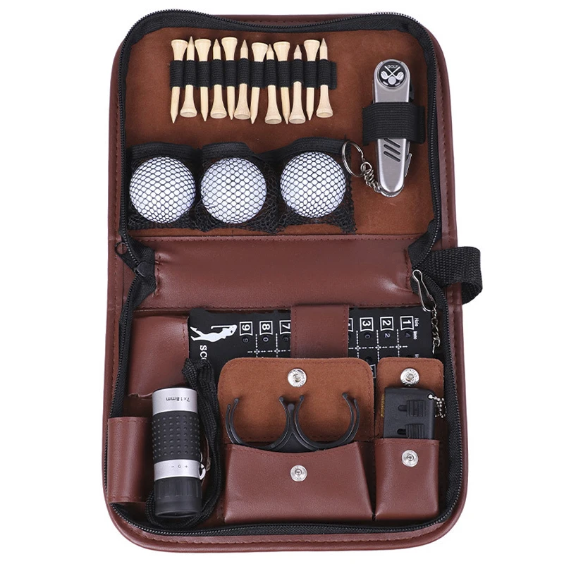 

1 Set Golf Accessory Gift Kit Golf Bag Balls Divot Knife Scorer Brush Telescope Ball Clamp 54mm Wood Tees PU Leather with Handle