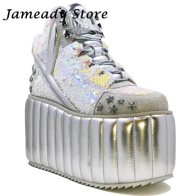 

High Platform Single Shoes Women's Sneakers Thick Bottom Height Incresting Casual Shoes Punk Style Bling Bling Retro Footwear