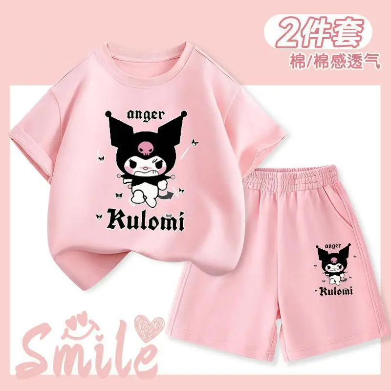 

2Pcs 2024 Girl Fashion Kuromi Short Sleeve Shorts Kawaii Sanrioed Anime Thin Half Sleeve Summer Sweet Cute Childrentide Kid Gift