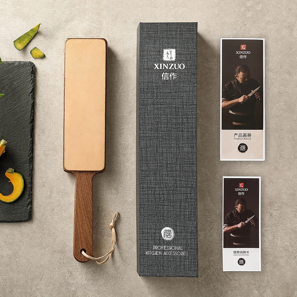 XINZUO 양면 가죽 숫돌, 야채 무두질 소가죽 나무 손잡이, 광택제 가죽 손잡이, 칼용 블록, 1 개