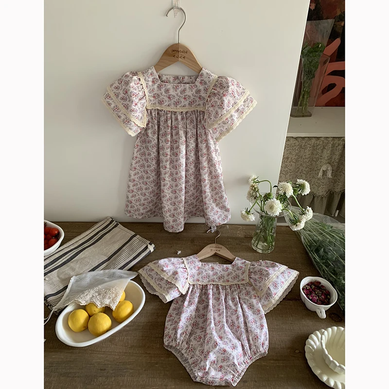 Sister Matching Outfit Princess Dress Toddler Baby Girls Flower Lace Dresses Summer Girl Dress Baby Romper Pink Princess Romper 4