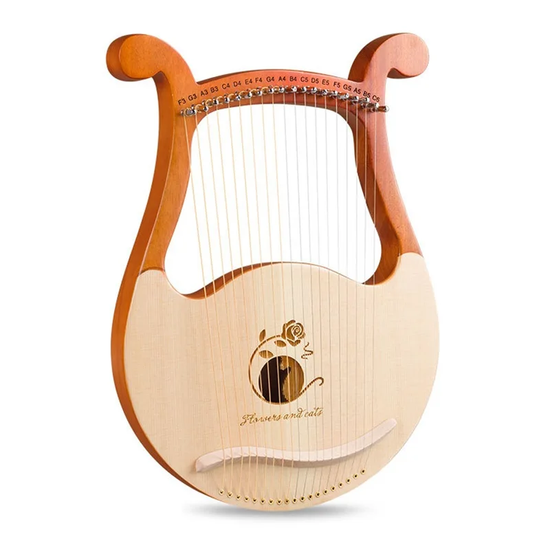 19 String Lyre Mahogany Harp Portable Music Instrument With Tuning Wrench Spare String For Beginner Outer Space Lotus Wild Goose