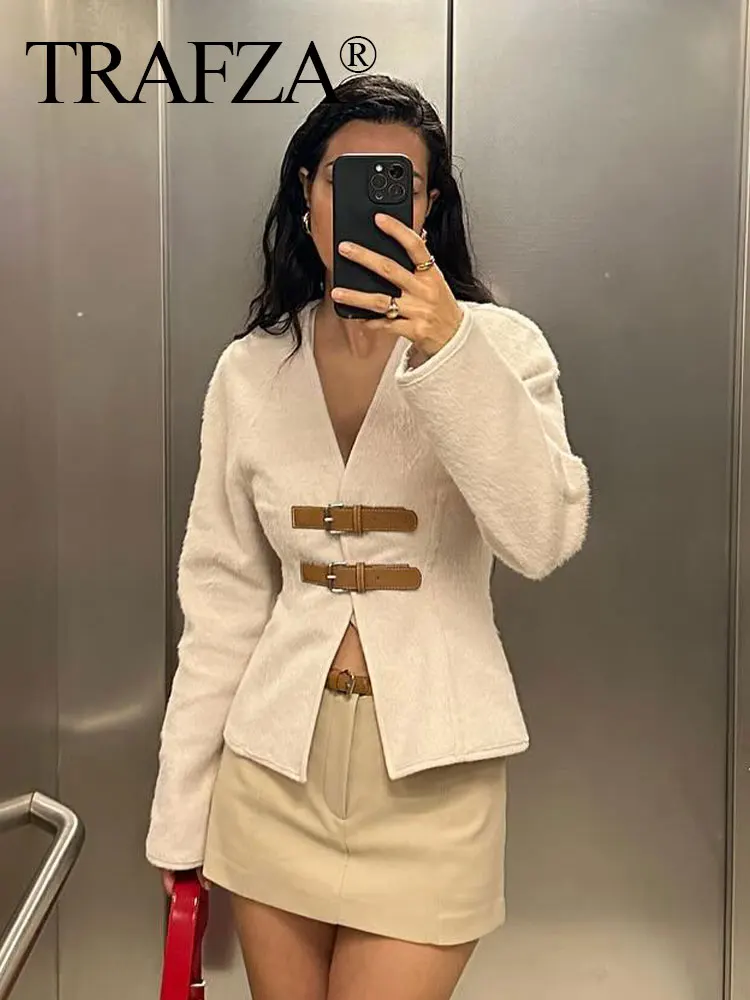 TRAFZA 용수철 여성 패션 코트, 단색 브이넥 긴팔 벨트 가디건 재킷, 여성 캐주얼 시크 슬림 코트, 신상 상의