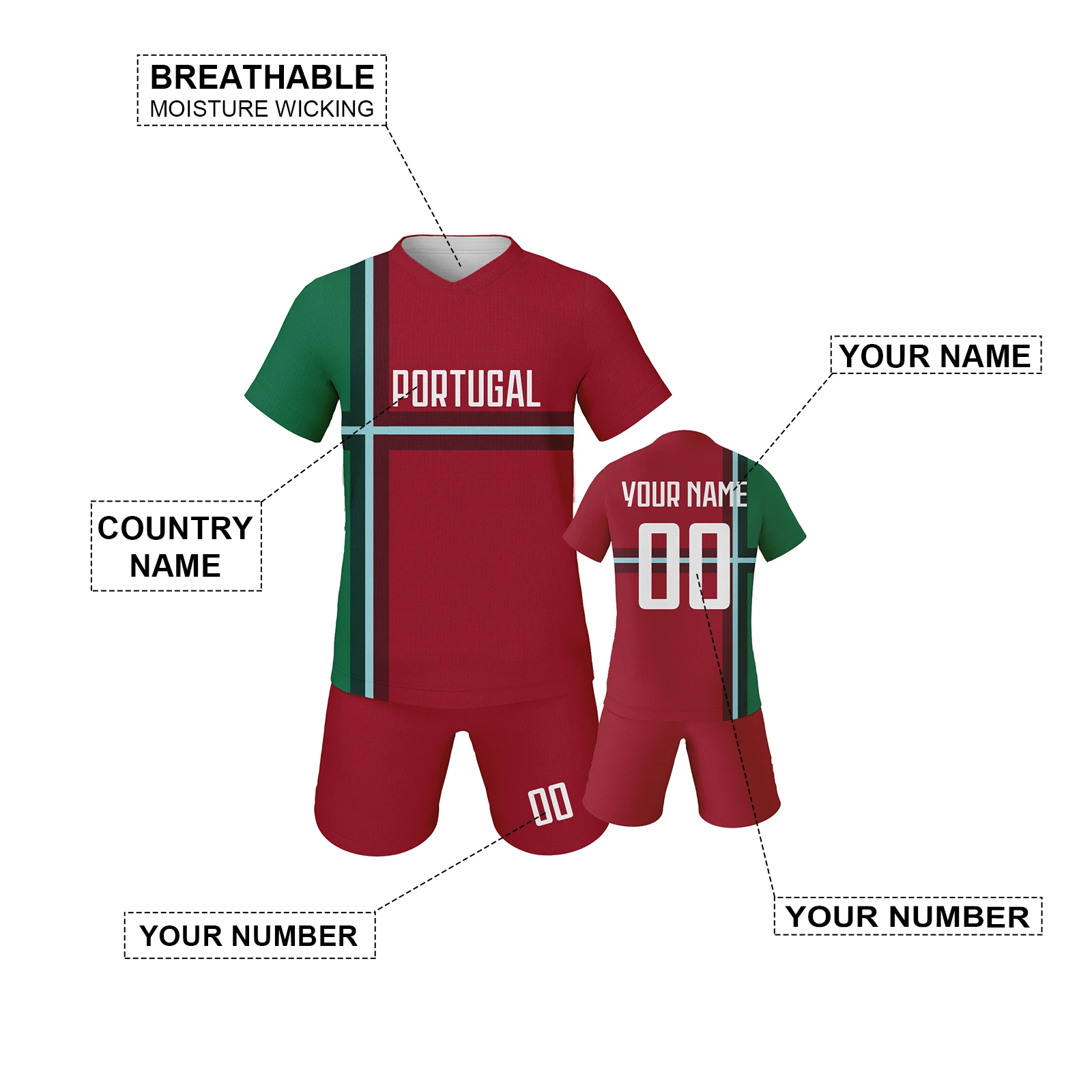 Portugal Soccer Jersey Set for Kids Personalized Football Kit with Name Number Team Club Uniform Boys Girls Soccer Gifts