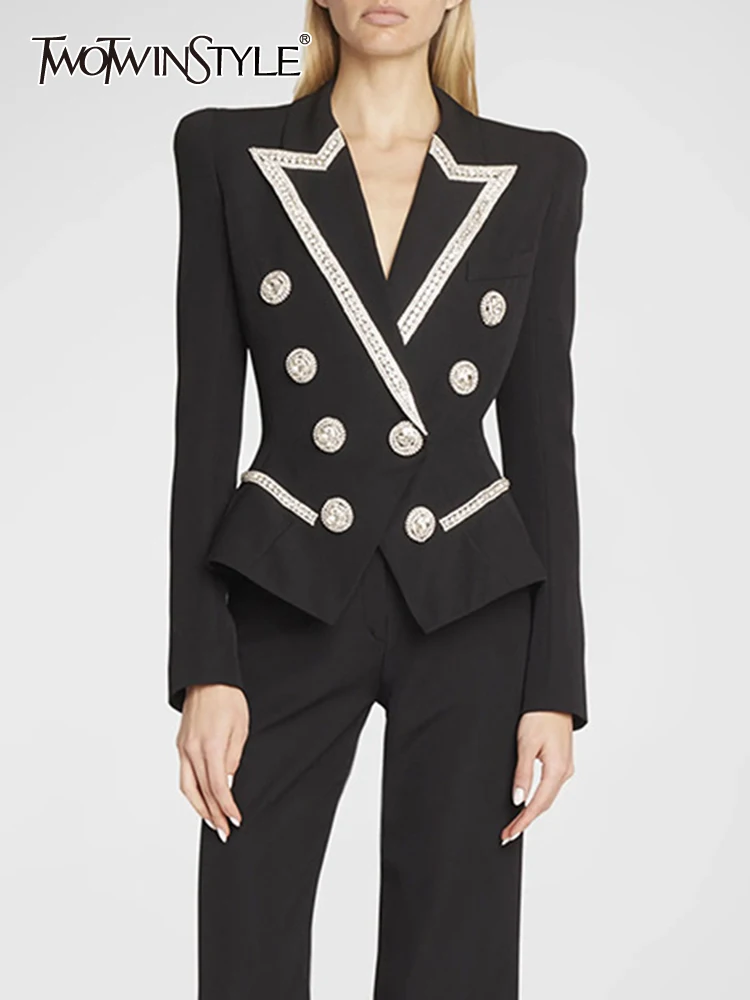 

TWOTWINSTYLE Colorblock Patchwork Diamonds Blazer For Women Notched Collar Long Sleeve Spliced Button Temperament Blazers Female