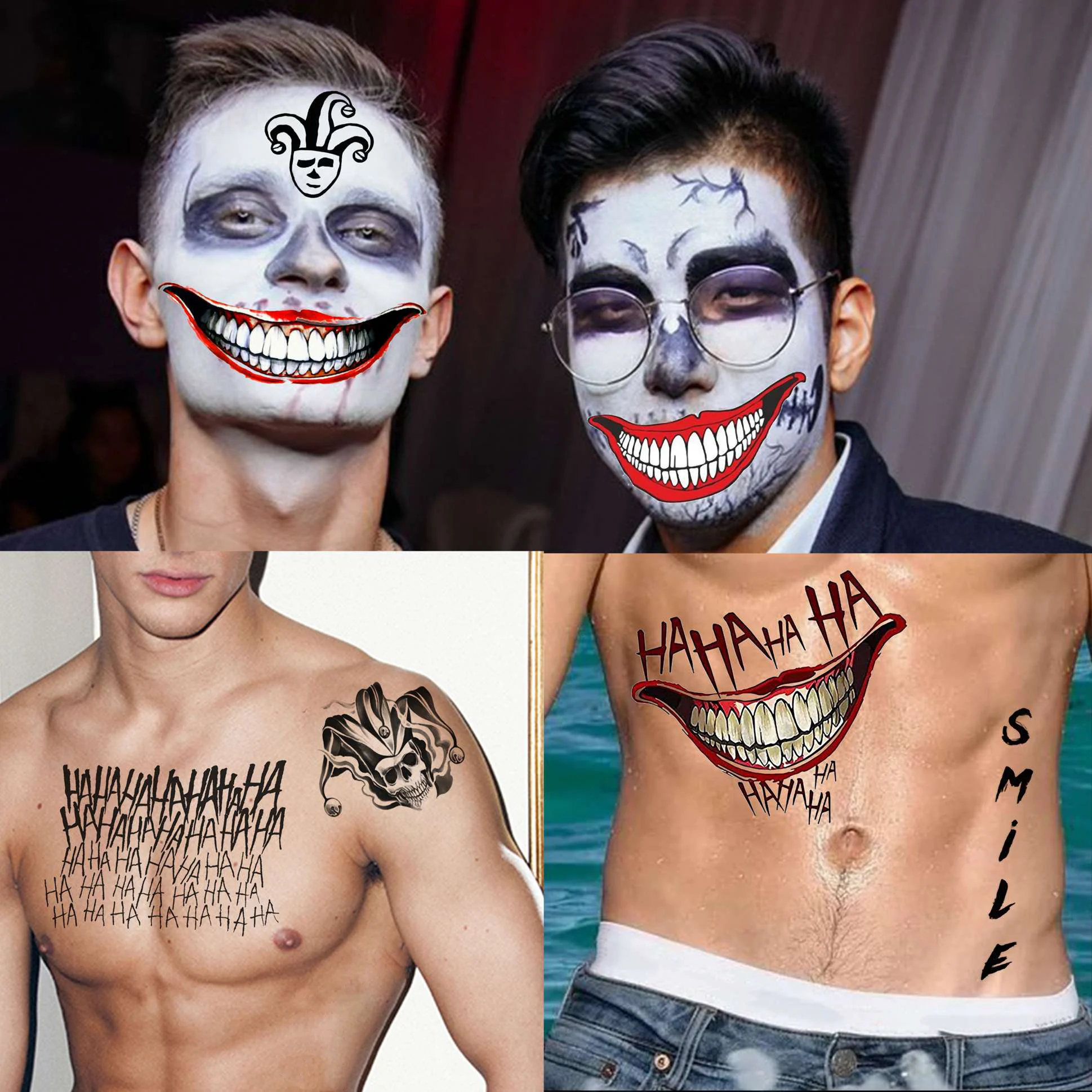 5 Blatt HAHA Joker Temporäre Tattoos für Männer Frauen Erwachsene Halloween Kostüm Körper Aufkleber Big Mouth Fake Tattoo Aufkleber – Detail 3