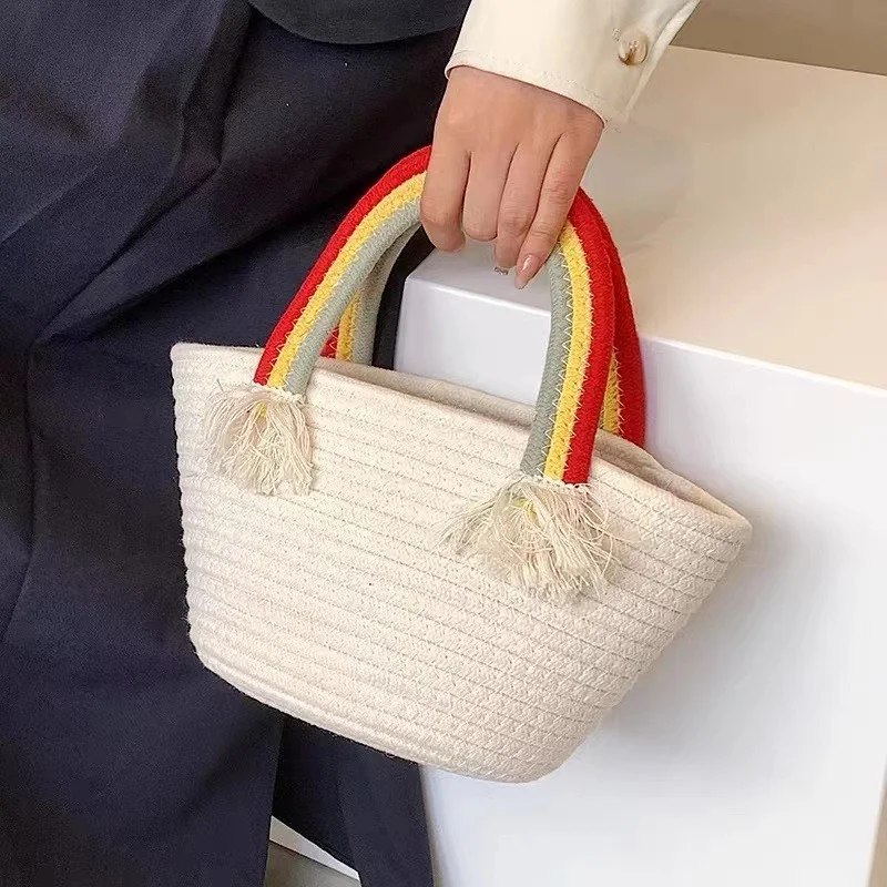 

Rainbow Handle Cotton Thread Woven Women Handbags Summer Candy Color Weaving hand bags for women Vacation Travel Beach totes bag