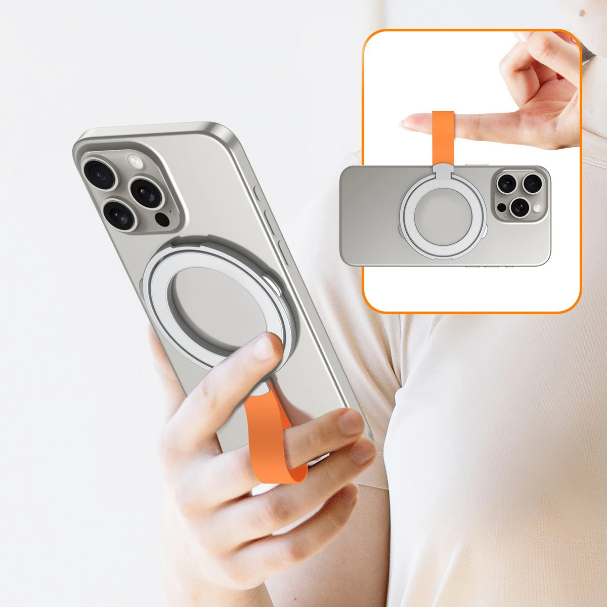 For MagSafe Magnetic Ring Phone Holder with Silicone Cord Rotating Kickstand For IPhone 16 15 Series Desktop Alloy Buckle Stand