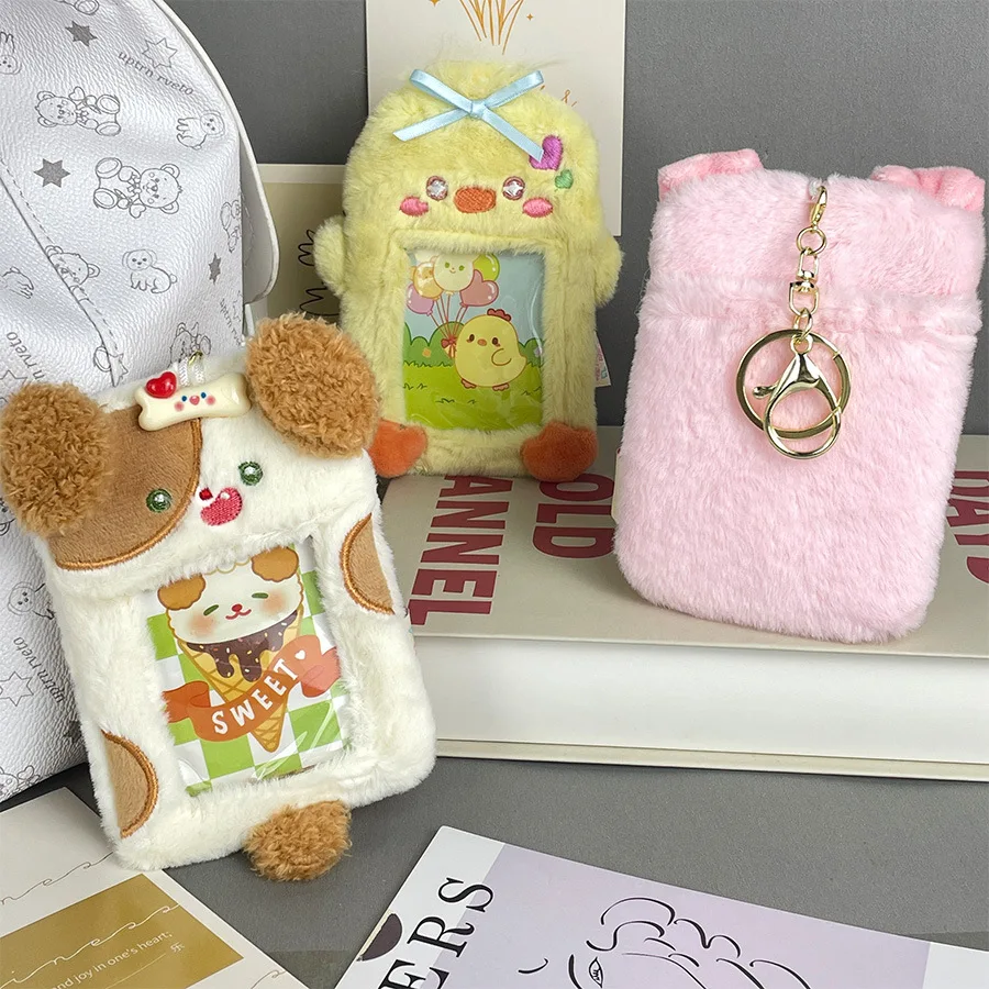Cartoon animal plush card sleeve transparent love bean small card display pendant student card bag key chain 2