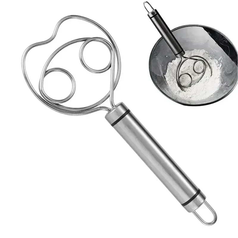 

Danish Dough Whisk Dutch Style Stainless Steel Bread Dough Hand Mixer Binocular Coil Head Comfort Handle For Biscuits Bread Cake
