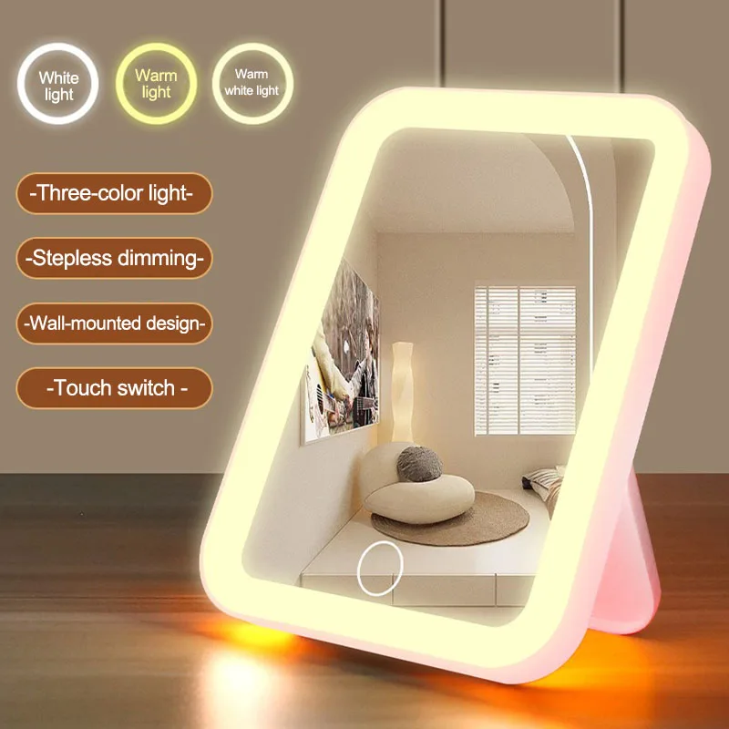 New 3 Colors LED Vanity Mirror Dimming Makeup Cosmetic Mirror with Lighting Portable USB Rechargeable HUAZJ16