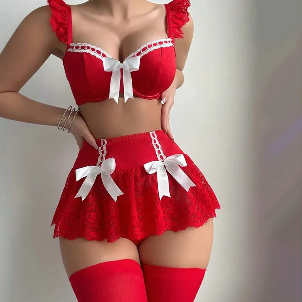 New sexy nightgown pure desire spicy girl lace bow suspender bikini underwear two-piece set sleepwear cosplay maid bra set thong
