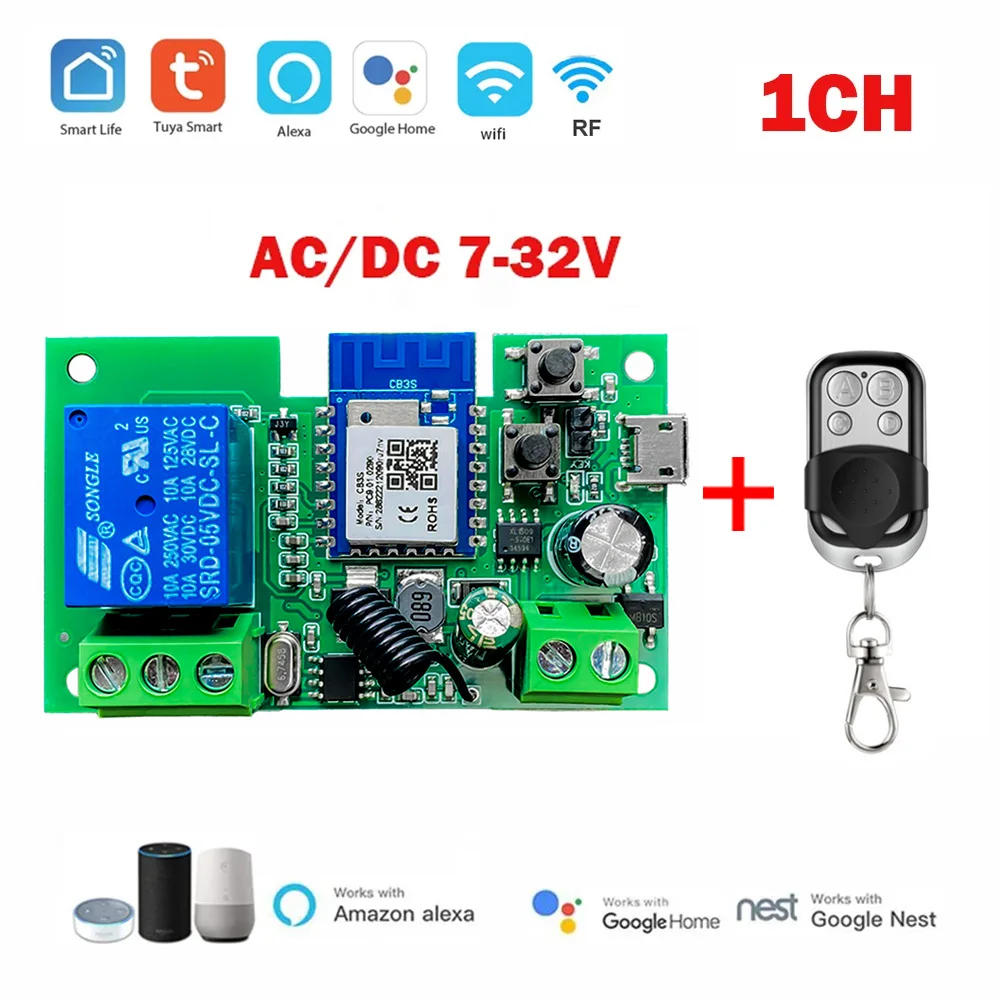 

Tuya WIFI Garage Door Gate Opener Smart Switch DC 12V 24V AC 1 Relay Module Timer Inching Self-locking For Alexa Google Home