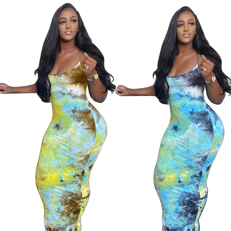 

2022 Summer Women Sexy Nightclub Mesh Suspender Tie-Dye Dress