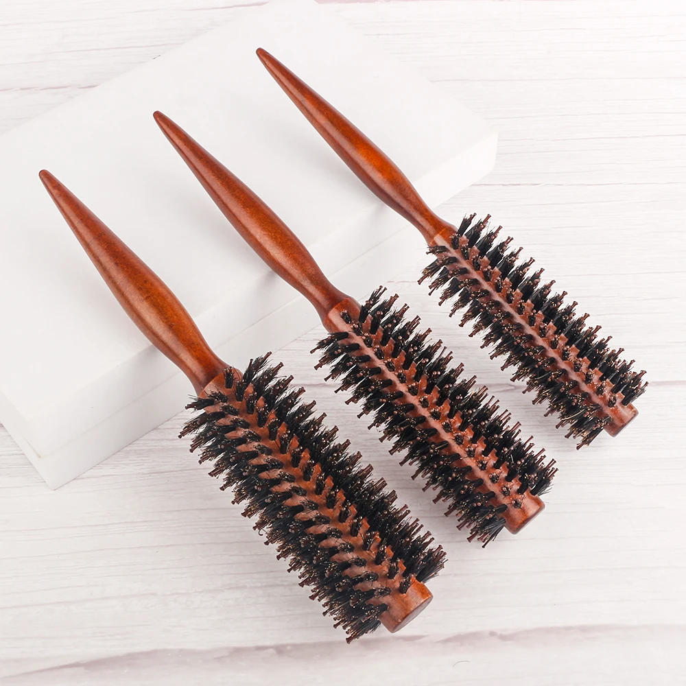 이발사 헤어 라운드 롤러 우드 헤어 브러시, Boar Bristle 나일론 헤어 빗 미용 빗 라운드 패들 브러시 여성 남성 곱슬..