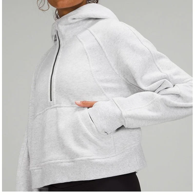 

Lu logo Scuba Half Zip Hooded Jacket With Logo Women Fleece Warm Yoga Long Sleeve Crop Top Sweatshirts Winter Sports Coat Gym Sp