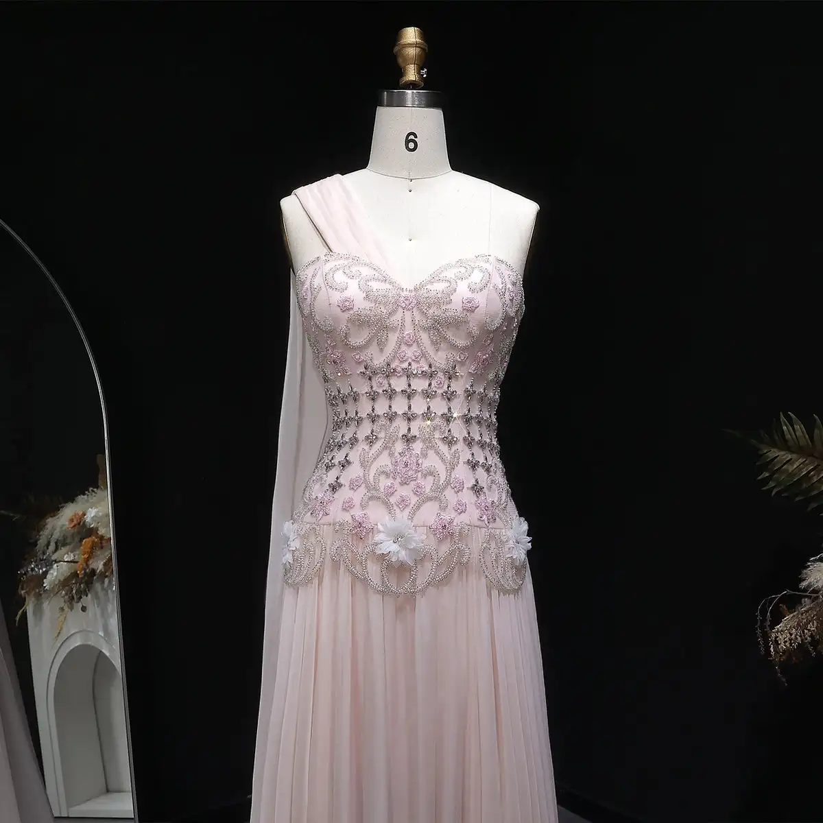 Aenyrst Customized Celebrity Evening Dresses Pink Sleevesless Prom Dresses High Neck Pleated Beadings Ankle Length Party Dresses 3