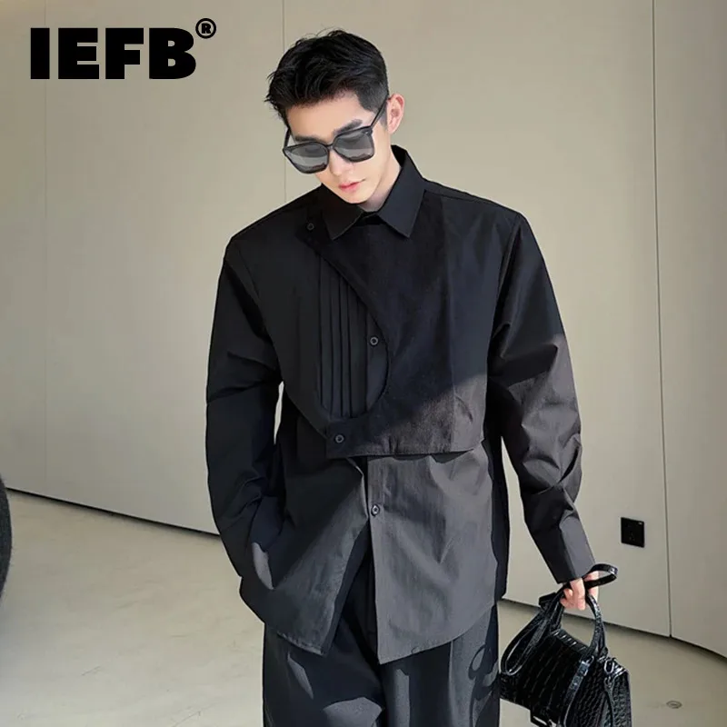 

IEFB Korean Shirt Long Sleeve Male Shirts 2024 Summer Men's Lapel Single Breasted Solid Color Men Clothing Fold Spliced 9C5544