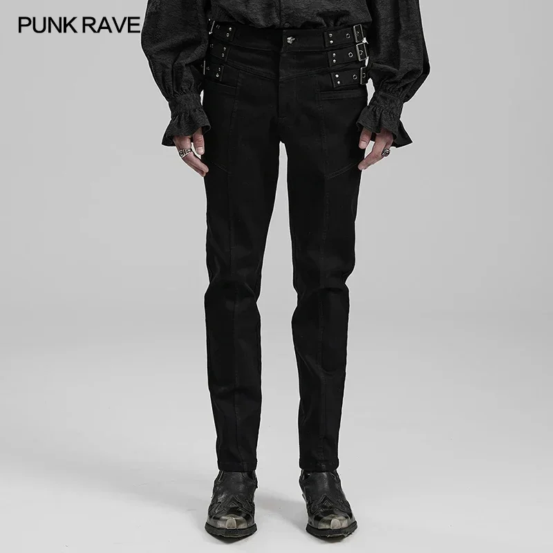 

PUNK RAVE Punk Men's Slim Fitting Straight Leg Jeans Decorative Loops At Waist Symmetrical Daily Black Denim Trousers