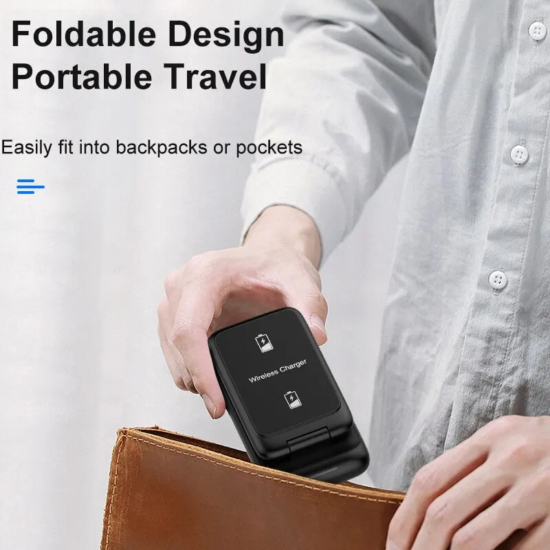 접이식 무선 충전기 스탠드, 아이폰 14, 13, 12, 11, XS, XR, X 8, 애플 워치 8, 7, 6, 에어팟 프로, 15W 고속 충전 스테이션, 3 in 1