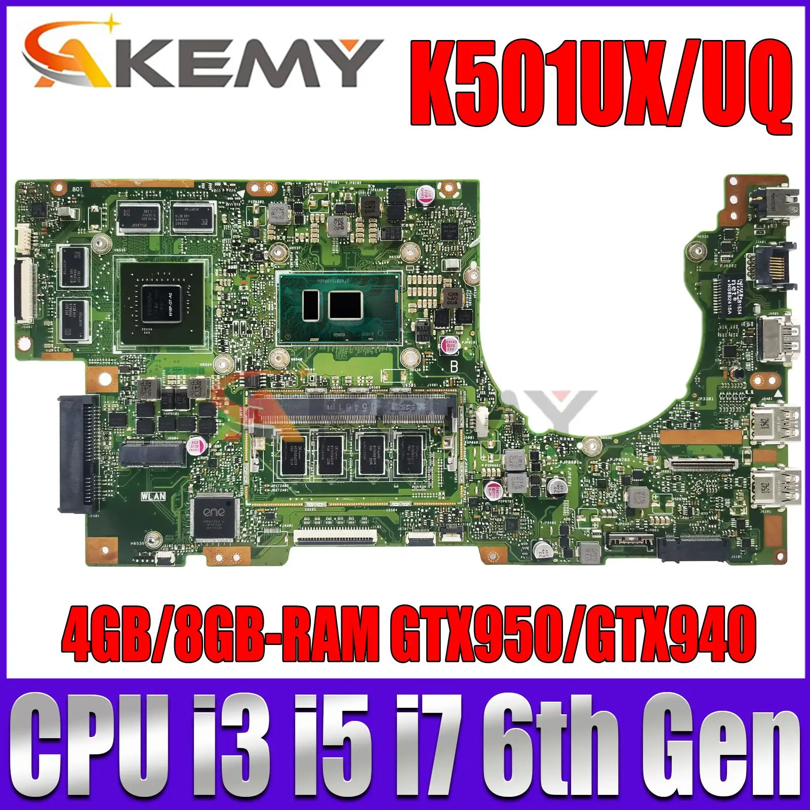 

K501UX Mainboard For ASUS K501UW K501UWK K501UQ K501UXM Laptop Motherboard CPU i3 i5 i7 6th Gen GPU GTX940M/GTX950M 4GB 8GB-RAM