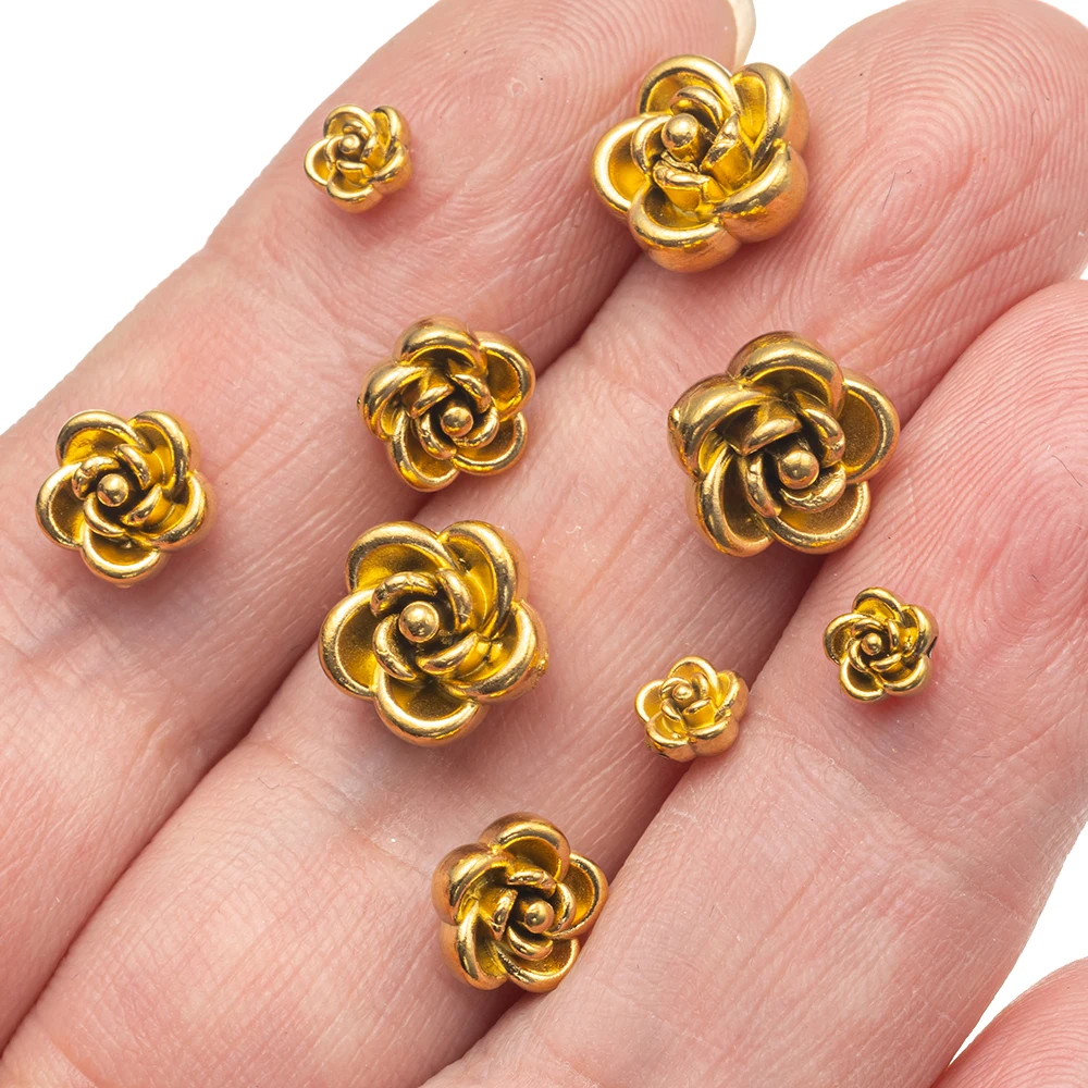 10 Stück Edelstahl Gold Rose Spacer Perlen Blumen Charms für DIY süße Schlüsselanhänger Schmuckherstellung Halskette Armband Zubehör – Detail 3