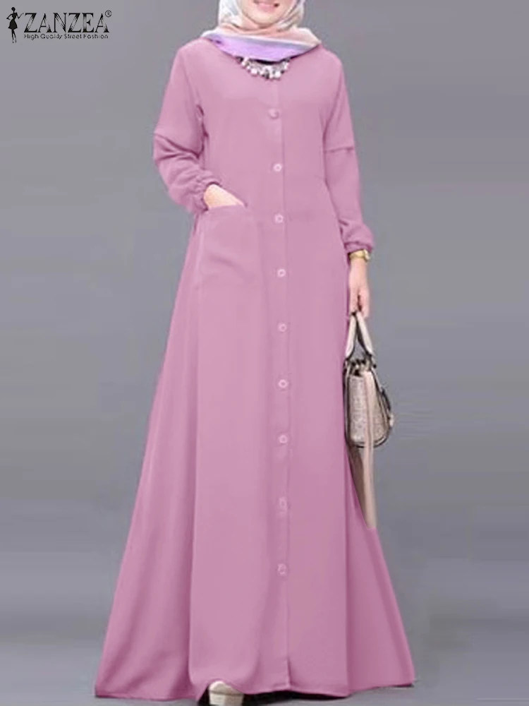 Women Autumn Muslim Dress ZANZEA Turkey Abaya Dubai Robe Elegant Long Sleeve Buttons Down Maxi Vestidos Kaftan IsIamic Clothing