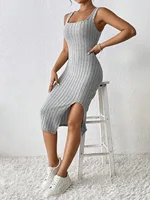 Women Summer Style Knitted Suspender Dress Lady Sleeveless Square Collar Side Slit Skirt Dress Vestidos 2
