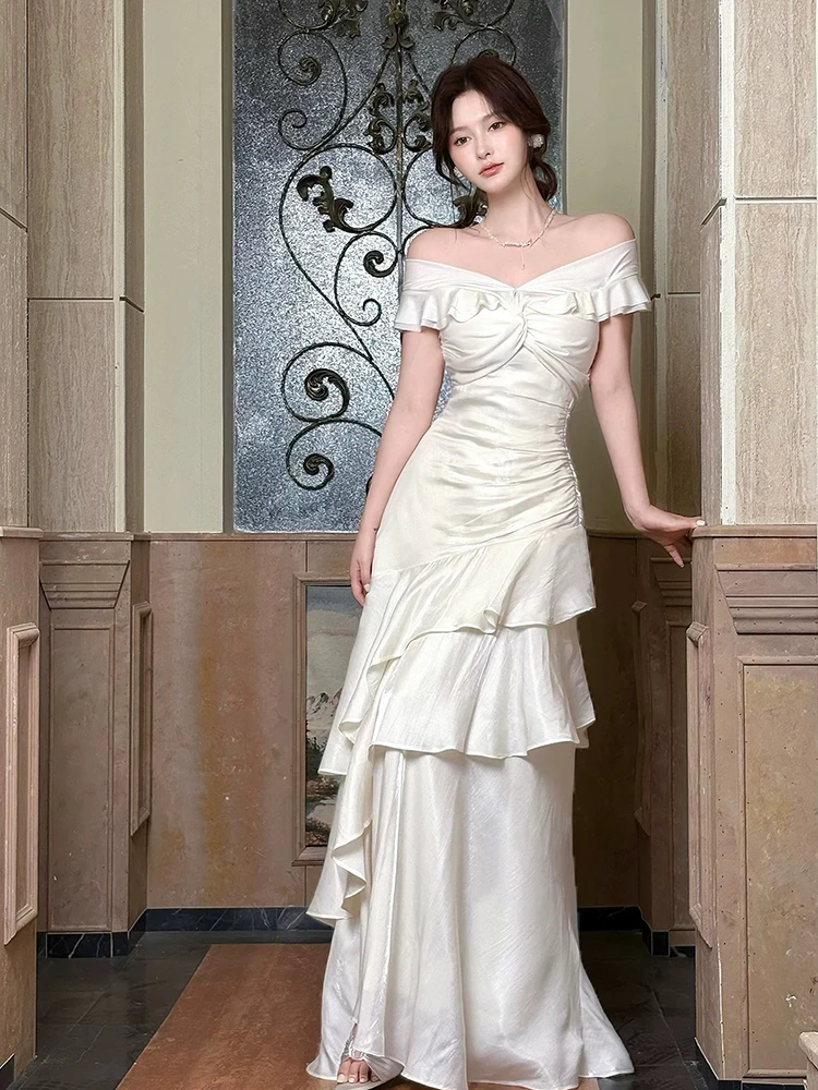 Nuovo Abito Lungo Elegante Francese da Donna, con Volant, Scollo a Barca, Vestito a Sirena Slim, Senza Maniche, Stile Tromba, Estetico Femminile - immagine 6