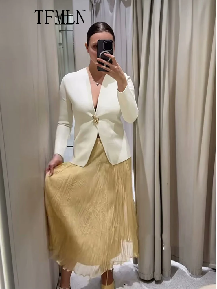 TFMLN 2025 Summer Women Solid Folds Mid-Calf Skirts Fashion Chic Causal Loose A-line Elastic Waist Skirts Elegant Street Skirts