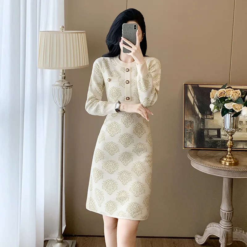 French-style lace knit dress for women, autumn and winter coat set A13