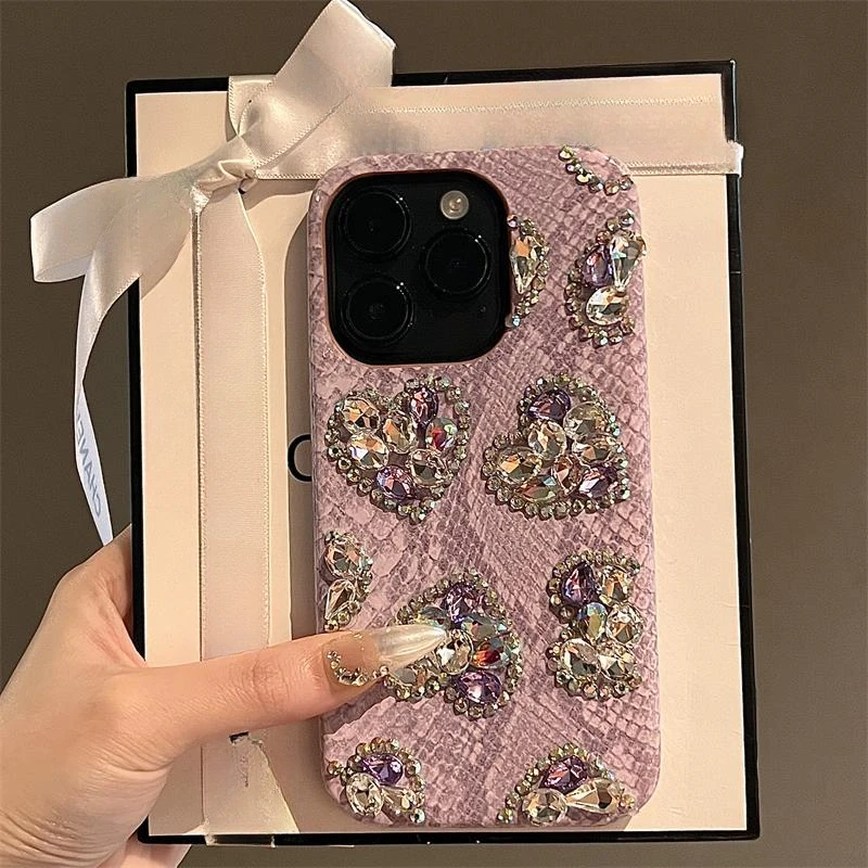 New Phone Case Suitable for iPhone 16promax Snake Pattern 15pro Love Colored Rhinestone 14 13 All Inclusive 12 Protective Cover