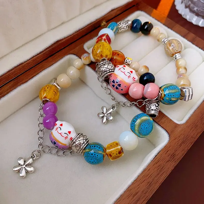 Unique Lucky Cat Charm Bracelets Creative Colorful Ceramic Beaded