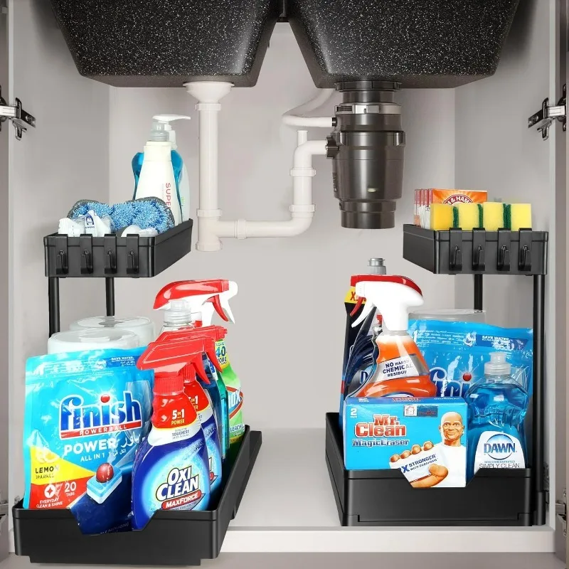 

Under Sink Organizer 2 Tier, IVMAIE 2 Pack Under Sink Storage with 8 Hooks, L-Shaped Sliding Under Cabinet Shelf with Stopper