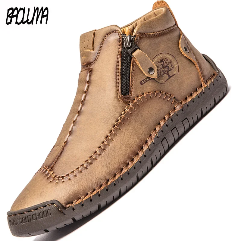 Men Leather Outdoor Ankle Boots Work Handmade Metal Zipper