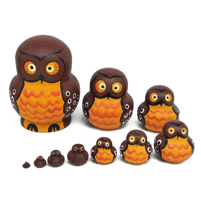 

10pcs Cartoon Big Belly Brown Owl Wooden Russia Nesting Dolls Matryoshka for Kids Children Birthday Gift