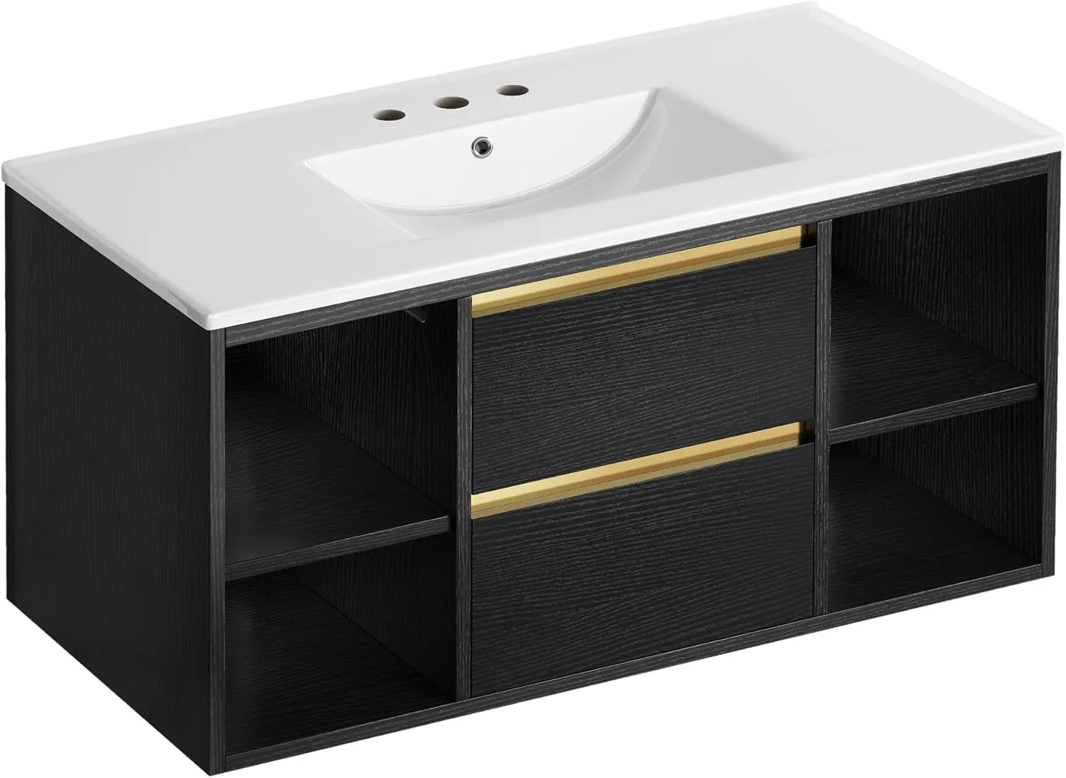 36 Inch Floating Bathroom Vanity W/ Three Holes Sink, Wall Mounted Cabinet W/ 2 Drawers & 4 Open Storge,Undermount Ceramic Basin 6