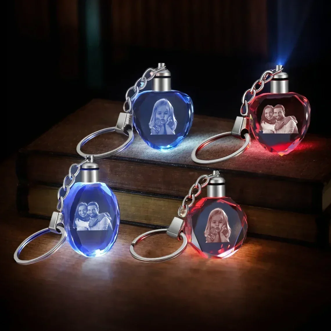Free Crystal Keyring with LED Light inside Engrave any Design Crystal Key Family Photo DIY Birthday Gifts