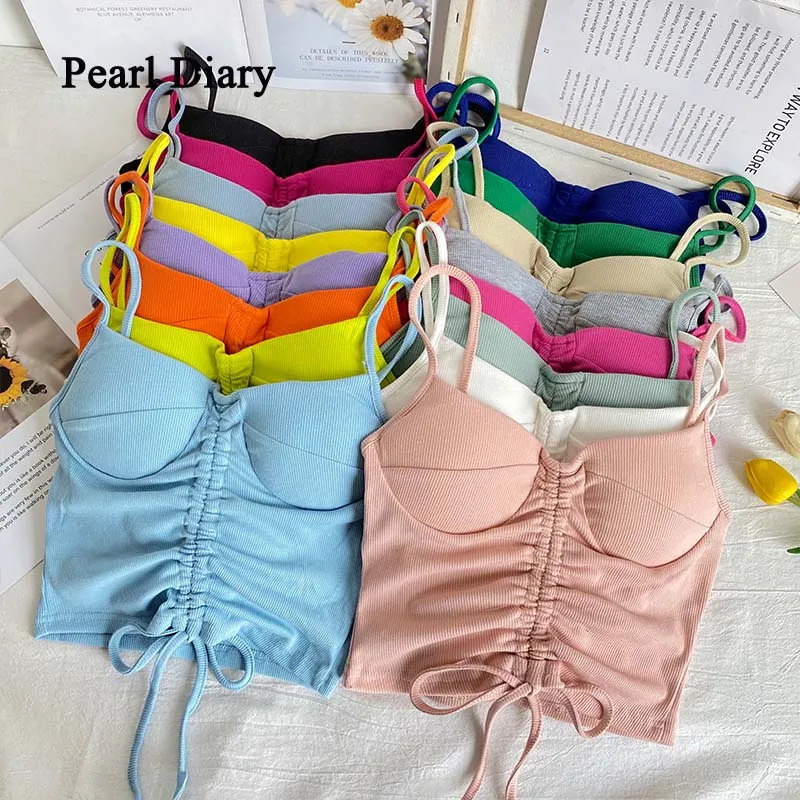

Pearl Diary Summer New Sexy Strap Tank Top Women Built In Bra Off Shoulder Solid Color Y2K Crop Tops Sleeveless Omighty Camisole