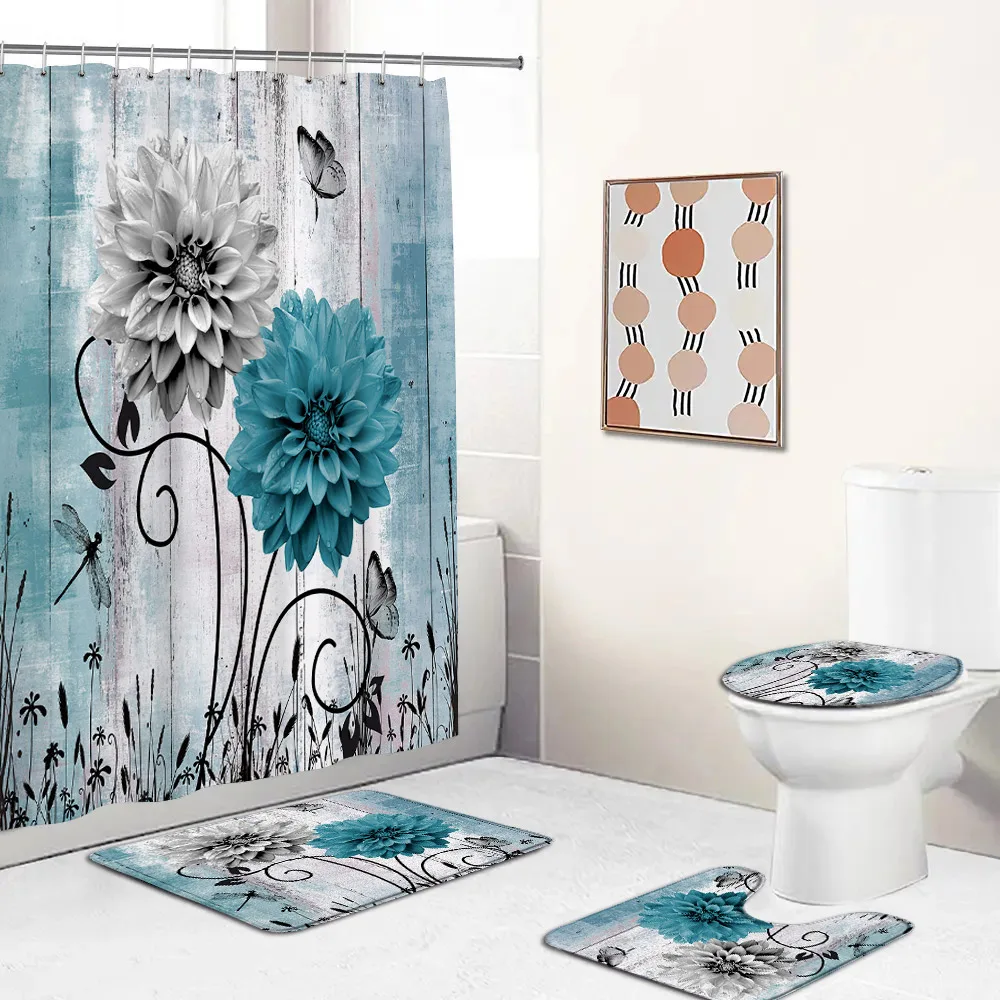 

Набор занавесок для душа с цветами и маргаритками, нескользящий Цветочный Коврик для ванной, деревянный коврик с узором, домашний ковер, украшения для ванной комнаты, крышка для туалета
