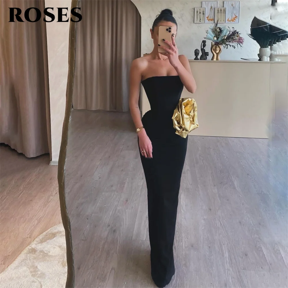 

ROSES Black Stain 3D Flower Evening Dress Elegant Mermaid Prom Dress Strapless Wedding Evening Dress with Split robes de soirée
